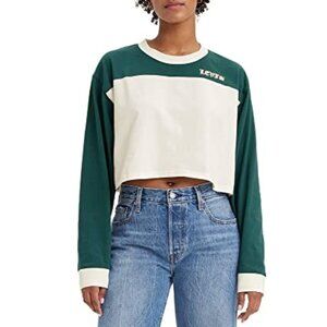 Levi's Women's Crop Football Tee Varsity Caps Deep Sea Moss Graphic Large